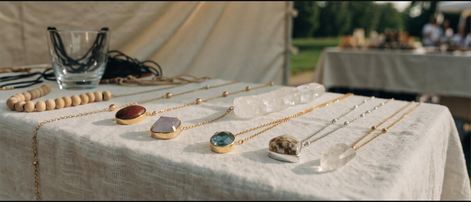 Handmade gemstone pendant necklaces displayed on a linen covered market table
