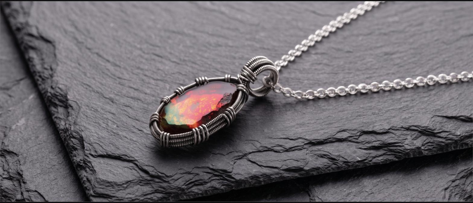 Wire-wrapped fire agate pendant on a silver chain resting on dark slate